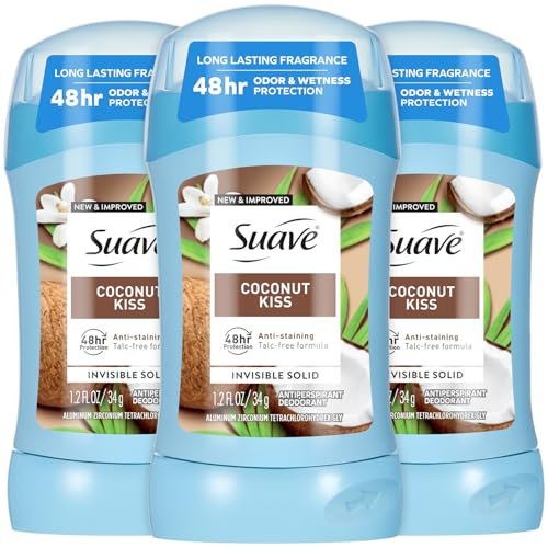 Suave Antiperspirant Deodorant for Women, Coconut Kiss 3-Pack – Invisible Solid, Anti-Staining, Talc-Free, 1.2 oz Each Avelisse