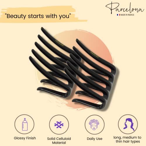 Parcelona French Crab Interlocking Glossy Black Medium 2 1/4" Celluloid Interlocking No Slip Ponytail Updo Clips Flexible Sturdy Hold Hair Clips Side Comb for Women and Girls, Made in France - görsel 8