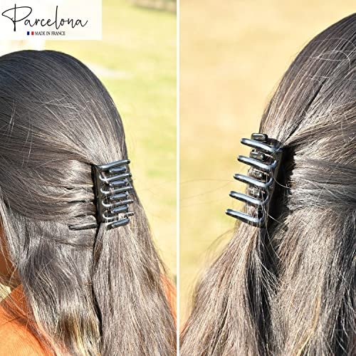 Parcelona French Crab Interlocking Glossy Black Medium 2 1/4" Celluloid Interlocking No Slip Ponytail Updo Clips Flexible Sturdy Hold Hair Clips Side Comb for Women and Girls, Made in France - görsel 6