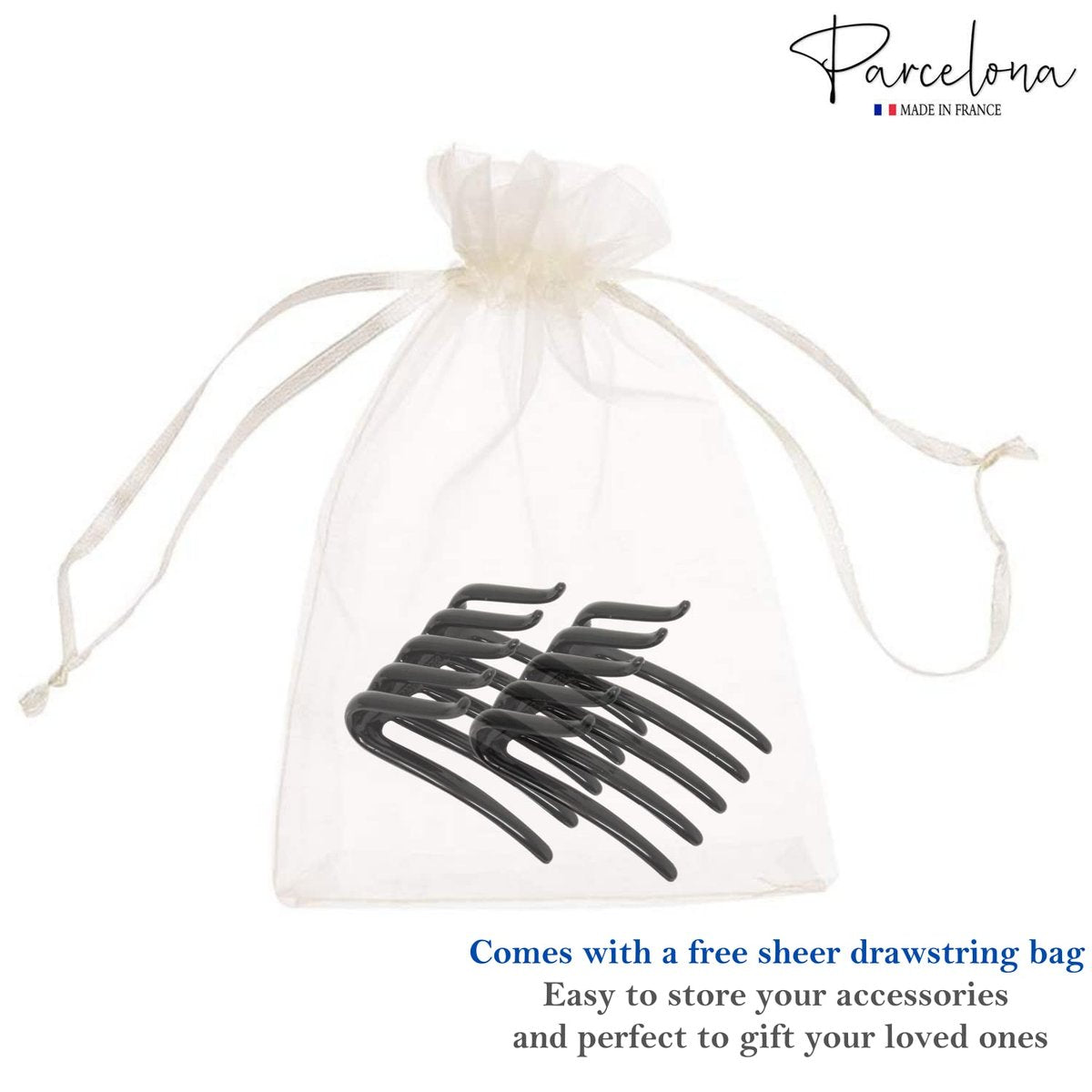 Parcelona French Crab Interlocking Glossy Black Medium 2 1/4" Celluloid Interlocking No Slip Ponytail Updo Clips Flexible Sturdy Hold Hair Clips Side Comb for Women and Girls, Made in France - görsel 15