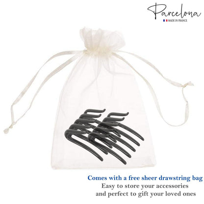 Parcelona French Crab Interlocking Glossy Black Medium 2 1/4" Celluloid Interlocking No Slip Ponytail Updo Clips Flexible Sturdy Hold Hair Clips Side Comb for Women and Girls, Made in France