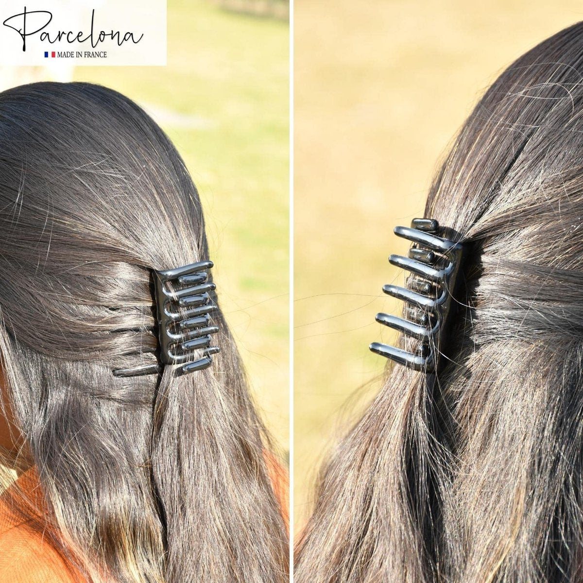 Parcelona French Crab Interlocking Glossy Black Medium 2 1/4" Celluloid Interlocking No Slip Ponytail Updo Clips Flexible Sturdy Hold Hair Clips Side Comb for Women and Girls, Made in France - görsel 5