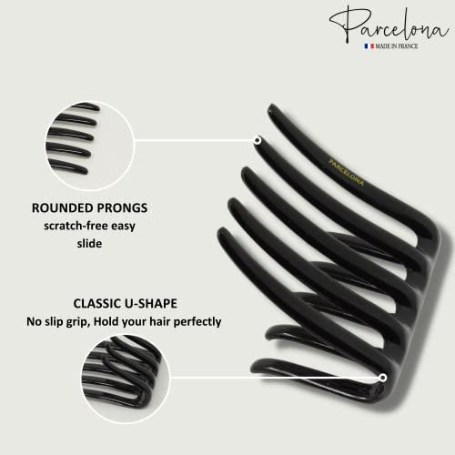 Parcelona French Crab Interlocking Glossy Black Medium 2 1/4" Celluloid Interlocking No Slip Ponytail Updo Clips Flexible Sturdy Hold Hair Clips Side Comb for Women and Girls, Made in France - görsel 14
