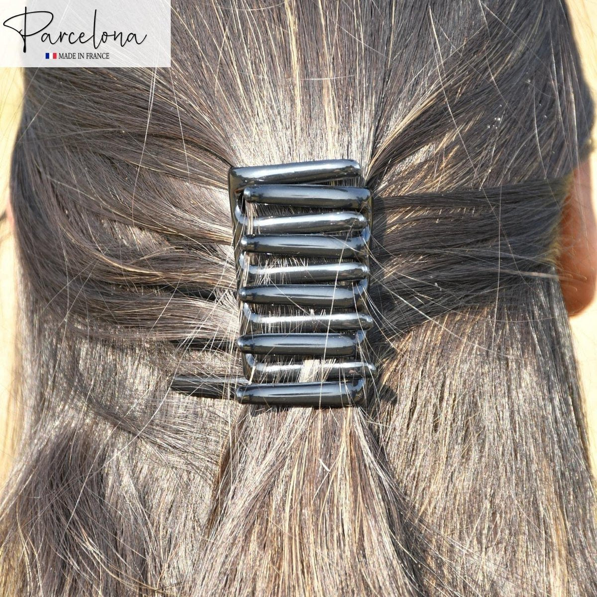 Parcelona French Crab Interlocking Glossy Black Medium 2 1/4" Celluloid Interlocking No Slip Ponytail Updo Clips Flexible Sturdy Hold Hair Clips Side Comb for Women and Girls, Made in France - görsel 3