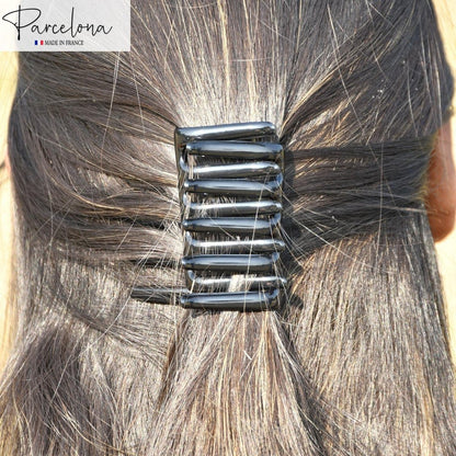 Parcelona French Crab Interlocking Glossy Black Medium 2 1/4" Celluloid Interlocking No Slip Ponytail Updo Clips Flexible Sturdy Hold Hair Clips Side Comb for Women and Girls, Made in France