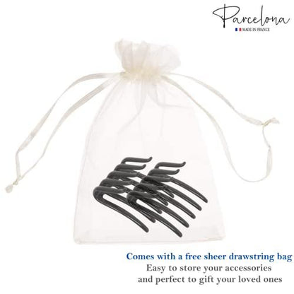 Parcelona French Crab Interlocking Glossy Black Medium 2 1/4" Celluloid Interlocking No Slip Ponytail Updo Clips Flexible Sturdy Hold Hair Clips Side Comb for Women and Girls, Made in France