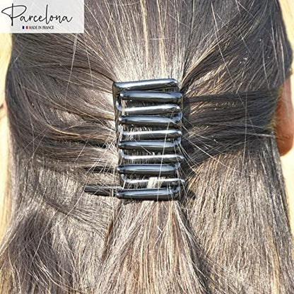 Parcelona French Crab Interlocking Glossy Black Medium 2 1/4" Celluloid Interlocking No Slip Ponytail Updo Clips Flexible Sturdy Hold Hair Clips Side Comb for Women and Girls, Made in France