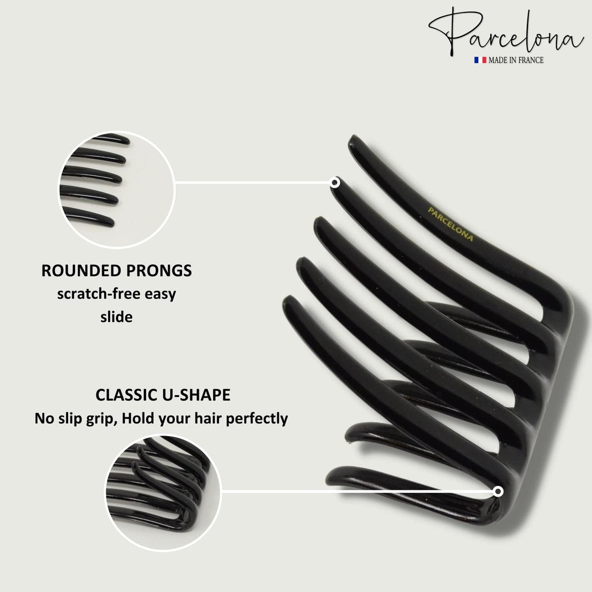 Parcelona French Crab Interlocking Glossy Black Medium 2 1/4" Celluloid Interlocking No Slip Ponytail Updo Clips Flexible Sturdy Hold Hair Clips Side Comb for Women and Girls, Made in France - görsel 13