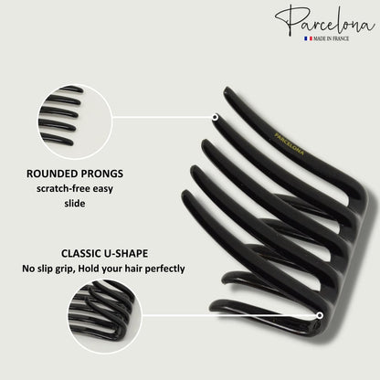 Parcelona French Crab Interlocking Glossy Black Medium 2 1/4" Celluloid Interlocking No Slip Ponytail Updo Clips Flexible Sturdy Hold Hair Clips Side Comb for Women and Girls, Made in France