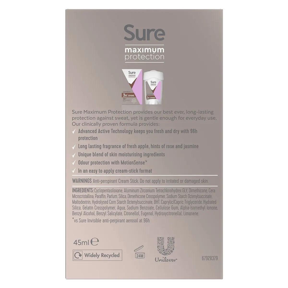 Sure Women Maximum Protection Confidence Antiperspirant Cream Stick, 45 ml (Pack of 6) Avelisse