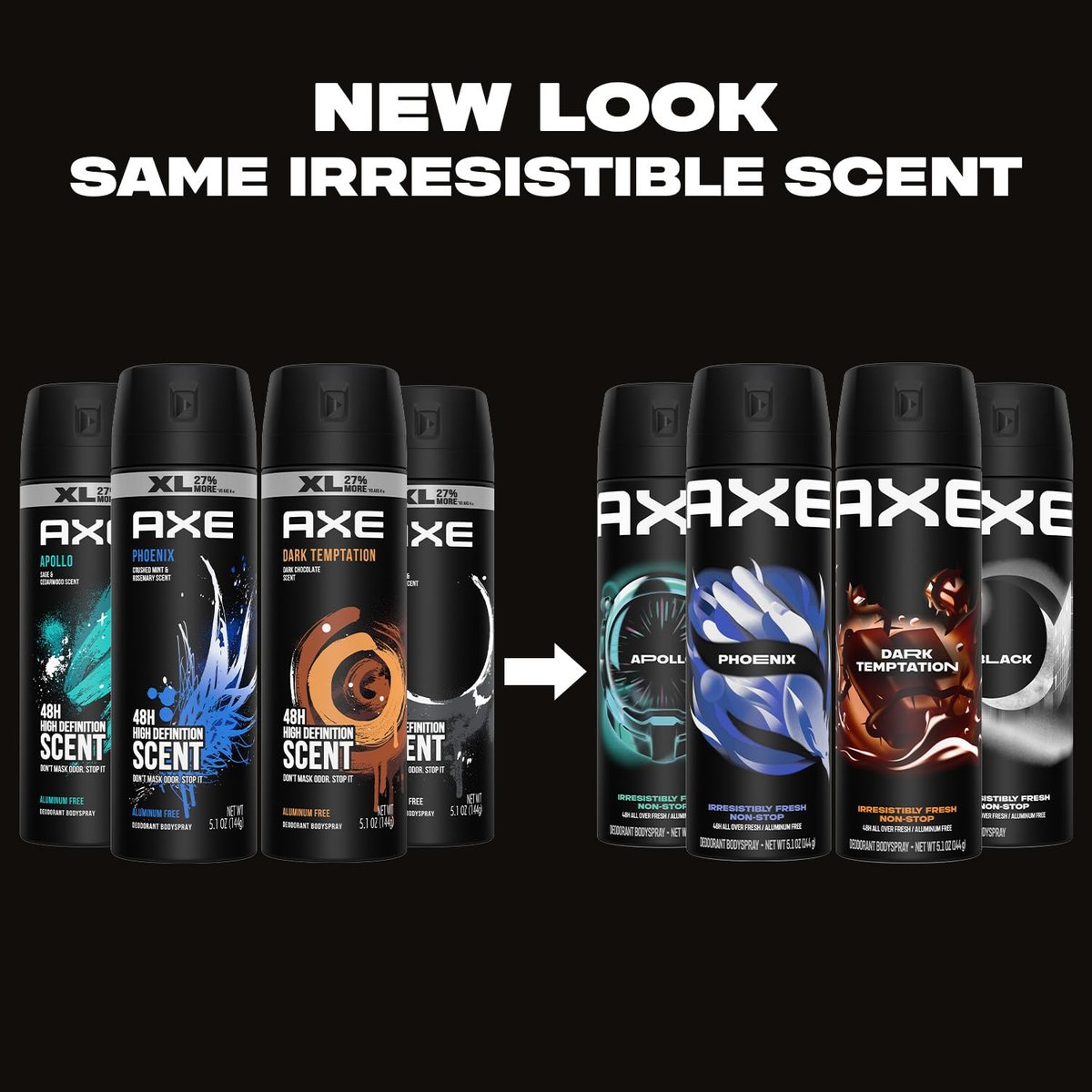 AXE Aluminum-Free Body Spray XL Variety 8-Pack – Dark Temptation, Black, Apollo, Phoenix – 48H Odor Protection, 5.1 Fl Oz Each Avelisse