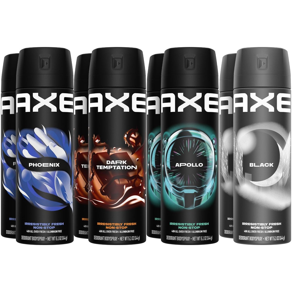 AXE Aluminum-Free Body Spray XL Variety 8-Pack – Dark Temptation, Black, Apollo, Phoenix – 48H Odor Protection, 5.1 Fl Oz Each Avelisse