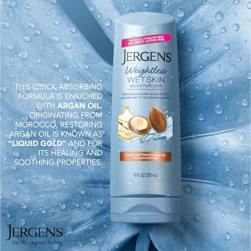 Jergens Wet Skin Body Moisturizer with Restoring Argan Oil, 10 oz (Pack of 4) – Fast-Absorbing, Non-Greasy, Dermatologist Tested Avelisse