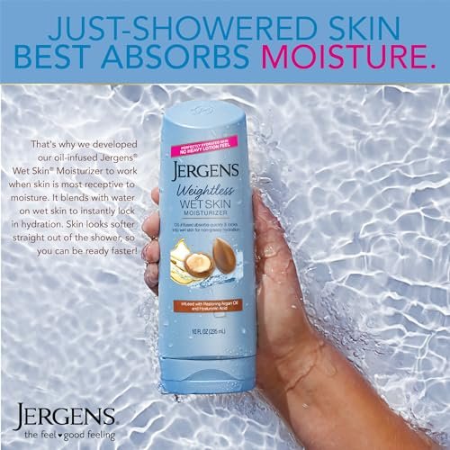 Jergens Wet Skin Body Moisturizer with Restoring Argan Oil, 10 oz (Pack of 4) – Fast-Absorbing, Non-Greasy, Dermatologist Tested Avelisse