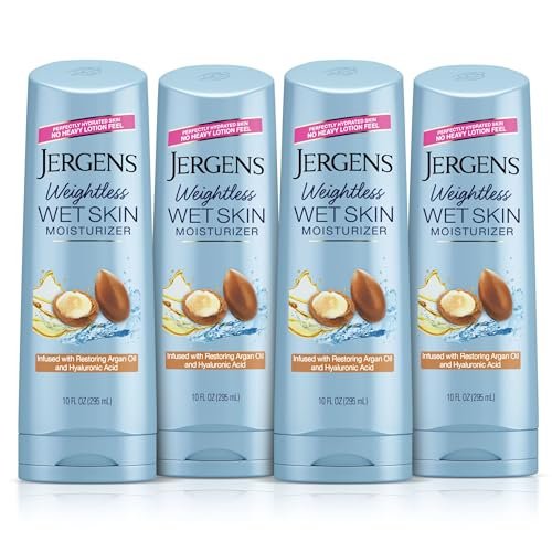 Jergens Wet Skin Body Moisturizer with Restoring Argan Oil, 10 oz (Pack of 4) – Fast-Absorbing, Non-Greasy, Dermatologist Tested Avelisse