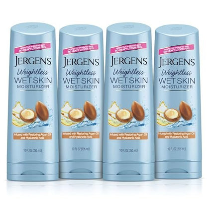 Jergens Wet Skin Body Moisturizer with Restoring Argan Oil, 10 oz (Pack of 4) – Fast-Absorbing, Non-Greasy, Dermatologist Tested Avelisse