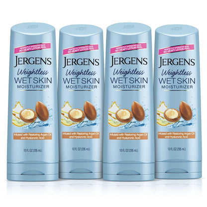 Jergens Wet Skin Body Moisturizer with Restoring Argan Oil, 10 oz (Pack of 4) – Fast-Absorbing, Non-Greasy, Dermatologist Tested Avelisse