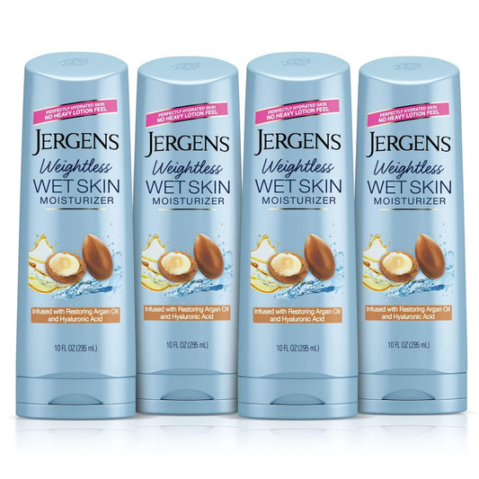 Jergens Wet Skin Body Moisturizer with Restoring Argan Oil, 10 oz (Pack of 4) – Fast-Absorbing, Non-Greasy, Dermatologist Tested Avelisse