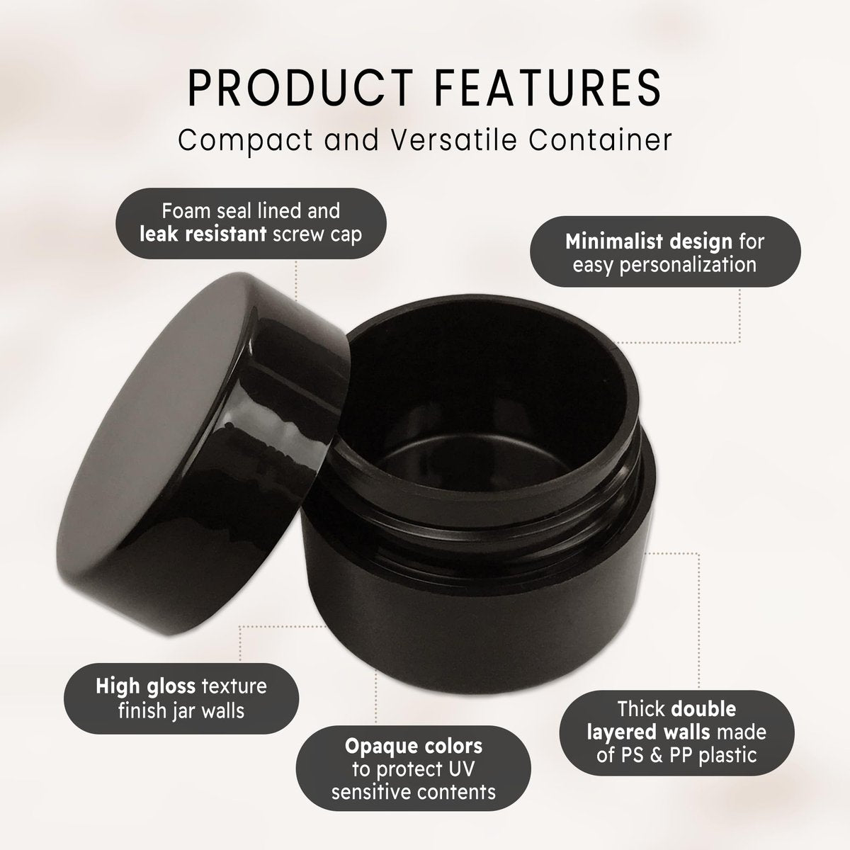Beauticom 12 Pack 7G/7ml (0.25oz) Black Double Wall Plastic Jars with Foam Lined Lid for Lotion, Creams, Toners, Lip Balms, Makeup Samples - BPA Free - görsel 5