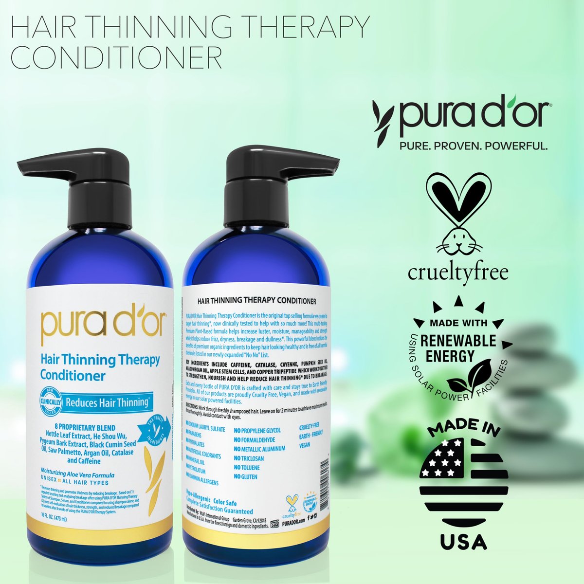 PURA D'OR Hair Thinning Therapy Biotin Conditioner – 16 oz, Clinically Tested, Low Lather Deep Moisturizing for Women & Men, Color Safe Avelisse