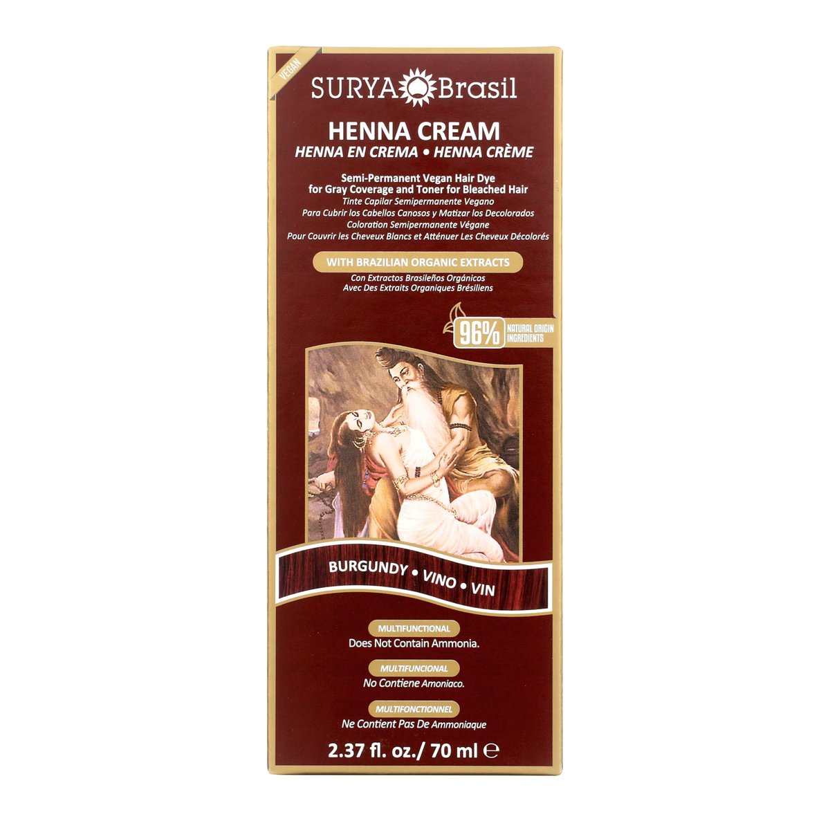 Surya Brasil Henna Cream Burgundy - 96% Natural, Vegan & Cruelty-Free Semi-Permanent Hair Color, Deep Hydration & Shine, 2.37 oz Avelisse