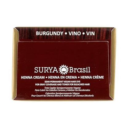Surya Brasil Henna Cream Burgundy - 96% Natural, Vegan & Cruelty-Free Semi-Permanent Hair Color, Deep Hydration & Shine, 2.37 oz Avelisse