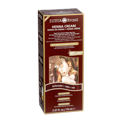 Surya Brasil Henna Cream Burgundy - 96% Natural, Vegan & Cruelty-Free Semi-Permanent Hair Color, Deep Hydration & Shine, 2.37 oz Avelisse