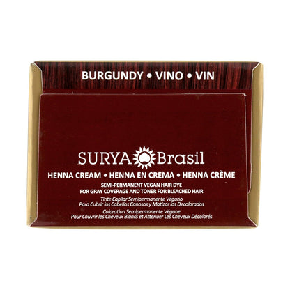 Surya Brasil Henna Cream Burgundy - 96% Natural, Vegan & Cruelty-Free Semi-Permanent Hair Color, Deep Hydration & Shine, 2.37 oz Avelisse