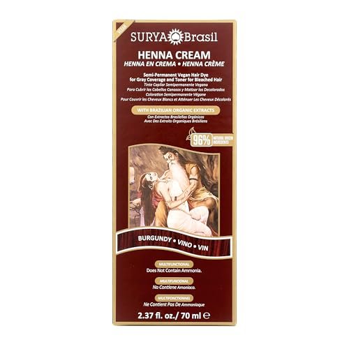 Surya Brasil Henna Cream Burgundy - 96% Natural, Vegan & Cruelty-Free Semi-Permanent Hair Color, Deep Hydration & Shine, 2.37 oz Avelisse