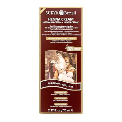 Surya Brasil Henna Cream Burgundy - 96% Natural, Vegan & Cruelty-Free Semi-Permanent Hair Color, Deep Hydration & Shine, 2.37 oz Avelisse