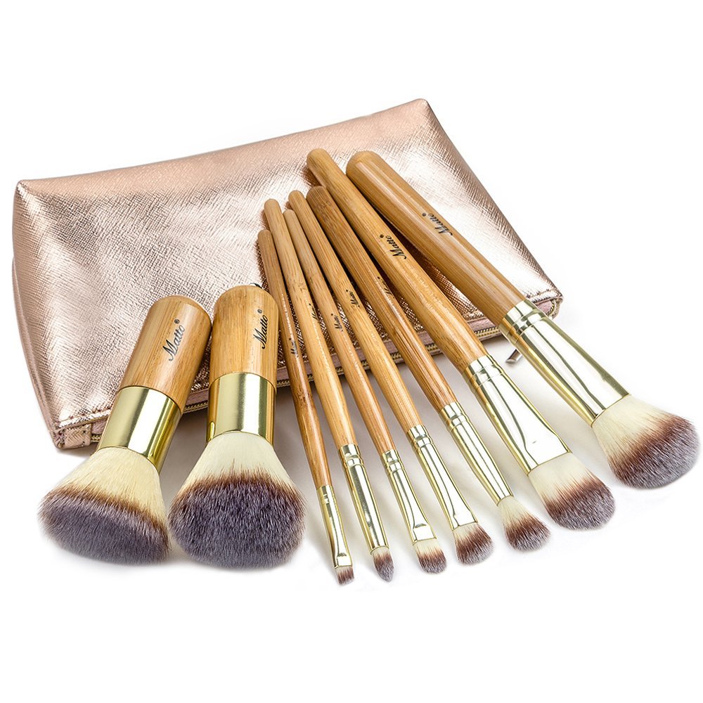 Matto 9-Piece Makeup Brush Set with Travel Bag – Bamboo & Aluminum Foundation Brush Kit Avelisse