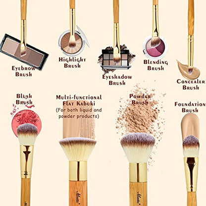Matto 9-Piece Makeup Brush Set with Travel Bag – Bamboo & Aluminum Foundation Brush Kit Avelisse