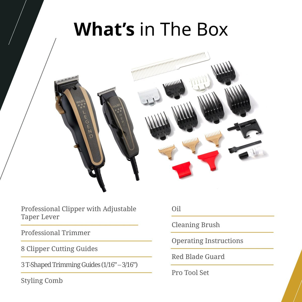 Wahl Professional 5-Star Barber Combo: Corded Legend Clipper & Hero T-Blade Trimmer Set, Black/Gold Avelisse