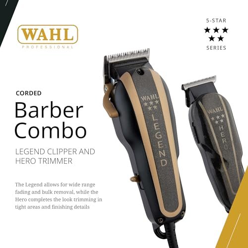 Wahl Professional 5-Star Barber Combo: Corded Legend Clipper & Hero T-Blade Trimmer Set, Black/Gold Avelisse