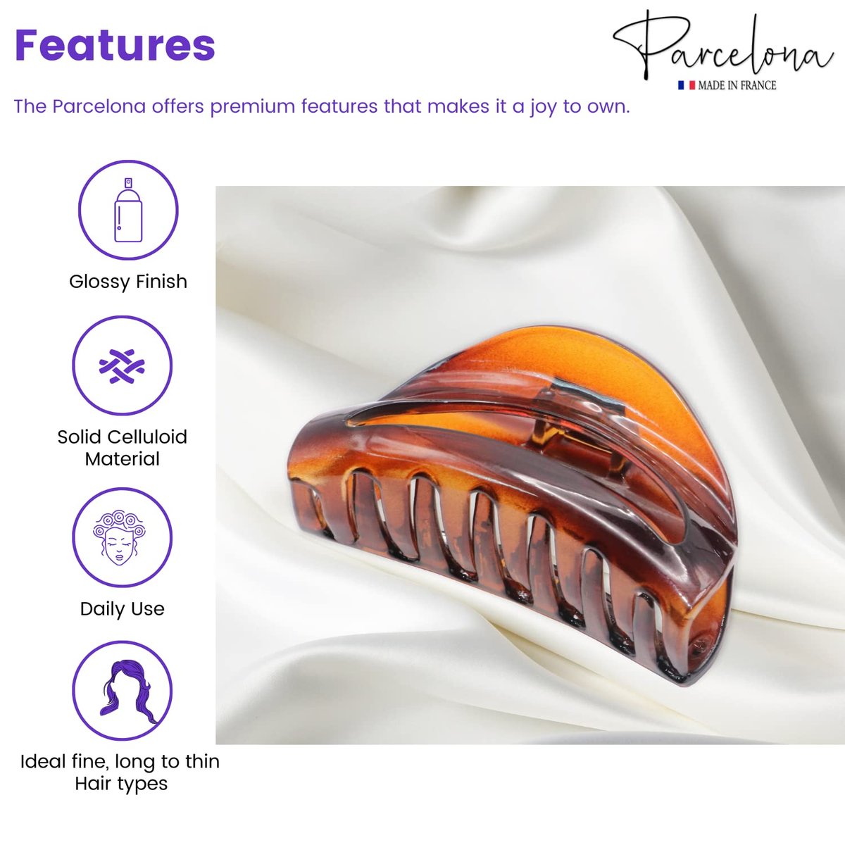 Parcelona French Vrille Small Tortoise Shell 2 3/4" Celluloid No Slip Grip Sturdy Claw Clips Jaw Hair Clips Claw Clamp Clutcher for Women and Girls, Made in France - görsel 3