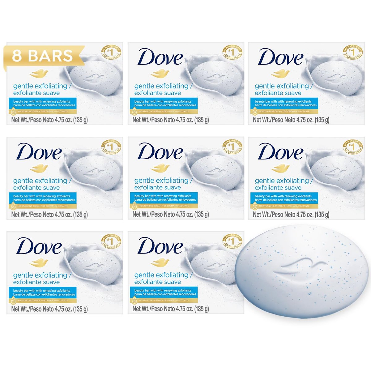 Dove Gentle Exfoliating Beauty Bar 8-Pack – 3-in-1 Moisturizing Face, Body & Hand Soap, 4.75 oz Each Avelisse