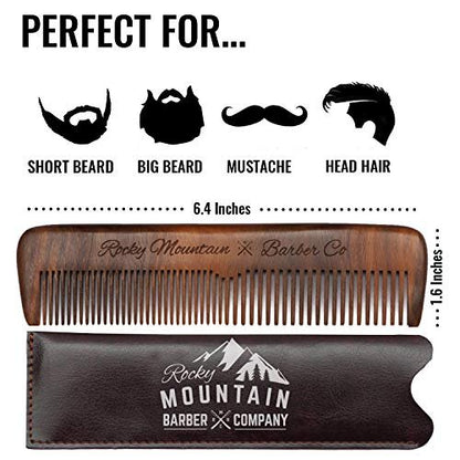Rocky Mountain Barber Company Wood Hair Comb – Anti-Static, No Snag, Fine & Medium Teeth for Hair, Beard & Mustache – Premium Carrying Pouch & Gift Box Avelisse
