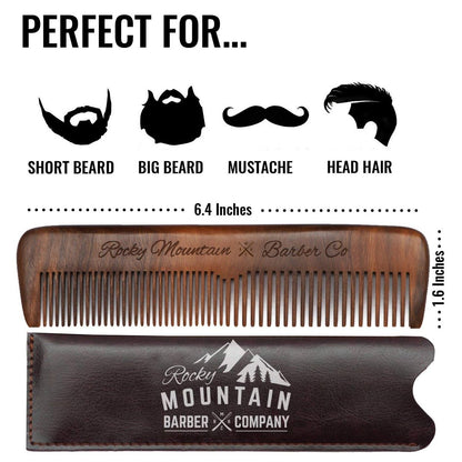 Rocky Mountain Barber Company Wood Hair Comb – Anti-Static, No Snag, Fine & Medium Teeth for Hair, Beard & Mustache – Premium Carrying Pouch & Gift Box Avelisse