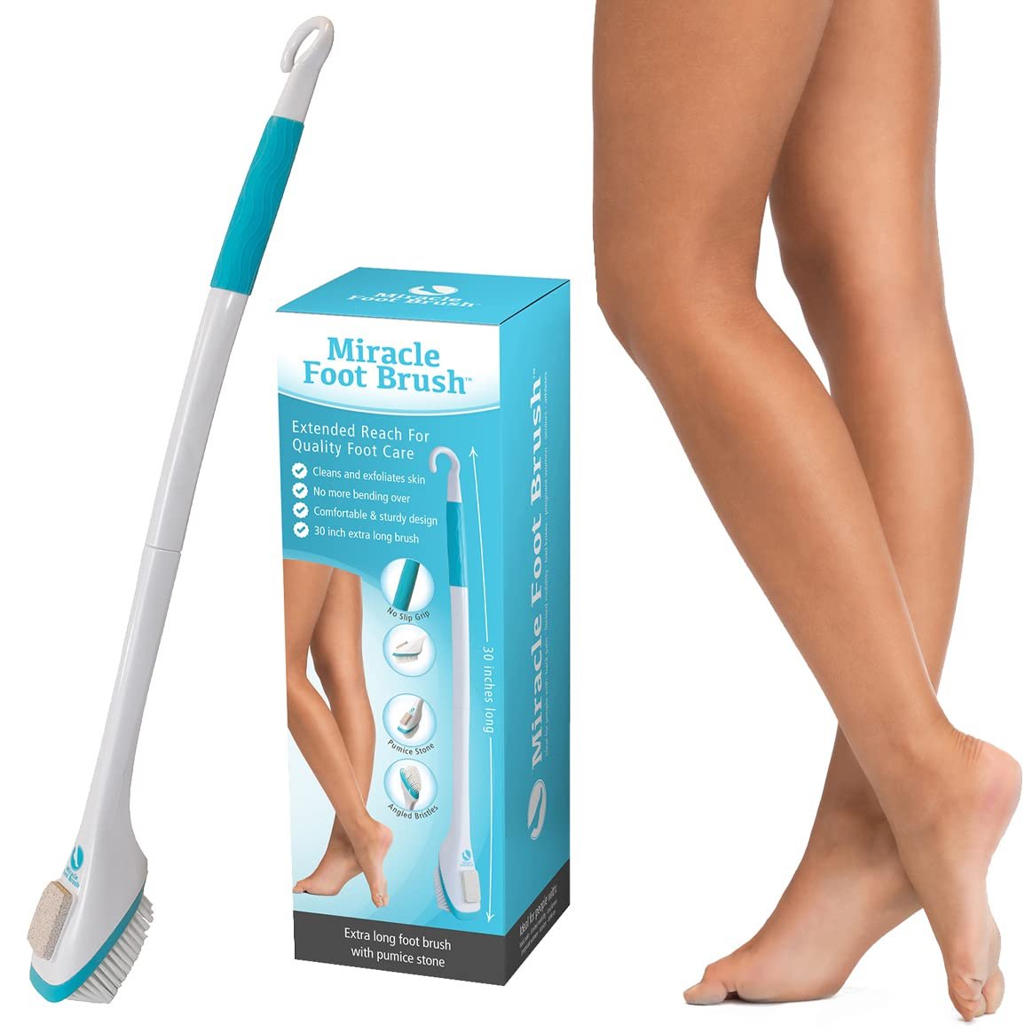Miracle Foot Brush 30" with Scrubbing Pumice Stone and Shower Grip Handle – Wet/Dry Brush for Seniors, Pregnant, Disabled, or Post-Surgery Avelisse