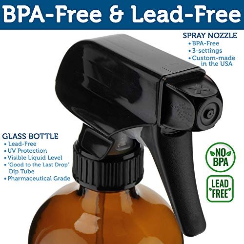 Sally's Organics Empty Amber Glass Spray Bottles - 2 Pack - Large 16oz Refillable Bottles with Durable Nozzle - Fine Mist/Stream Setting Avelisse