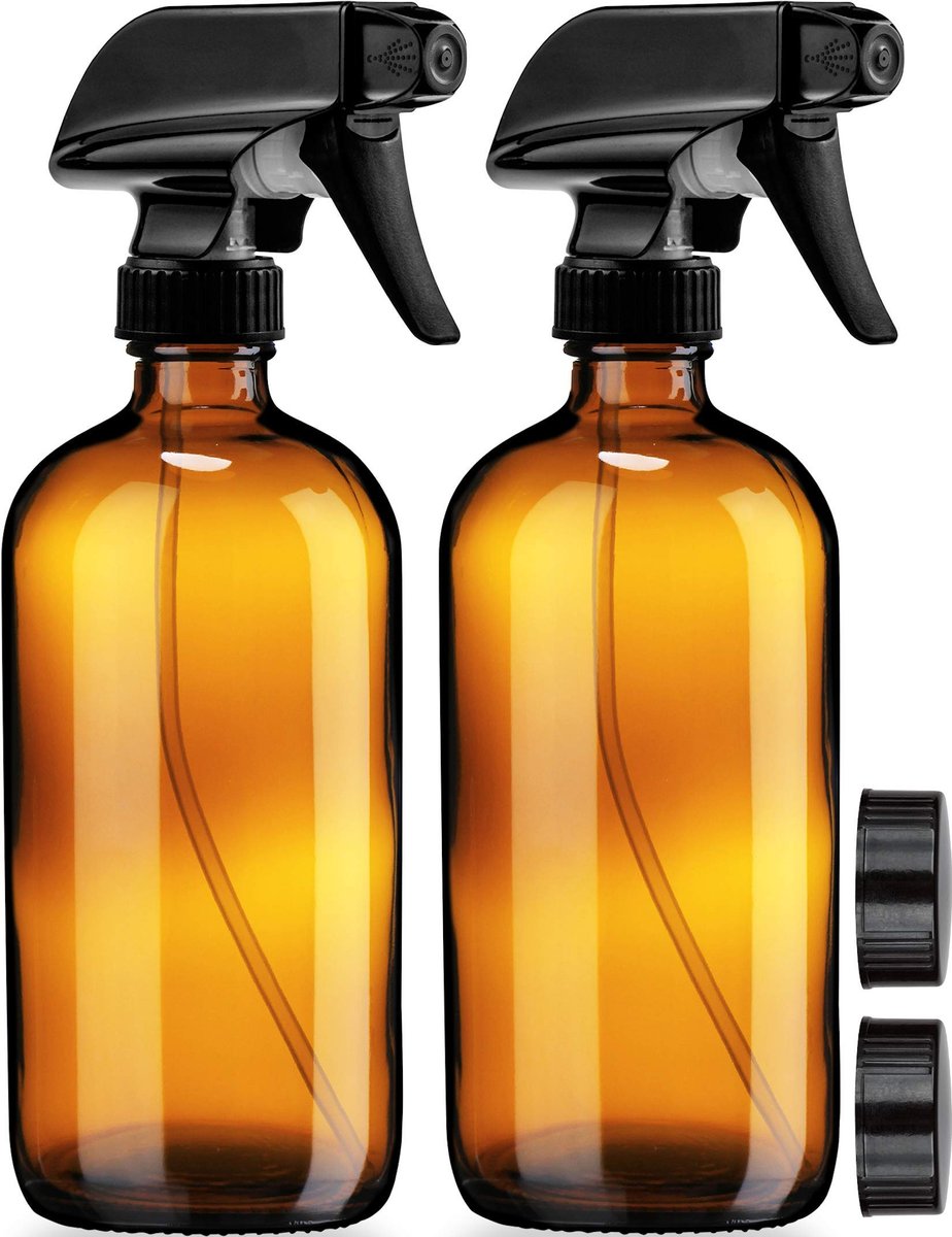 Sally's Organics Empty Amber Glass Spray Bottles - 2 Pack - Large 16oz Refillable Bottles with Durable Nozzle - Fine Mist/Stream Setting Avelisse