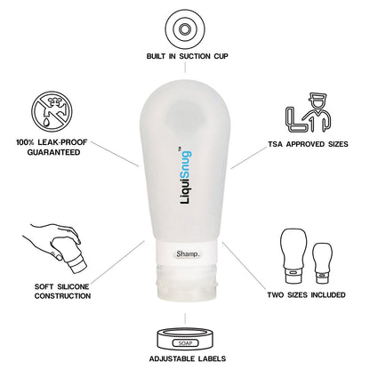LiquiSnugs Premium Leak Proof Silicone Travel Bottles - TSA Approved Toiletry Containers with Suction Cups & Labels