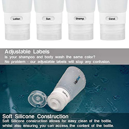 LiquiSnugs Premium Leak Proof Silicone Travel Bottles - TSA Approved Toiletry Containers with Suction Cups & Labels