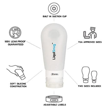 LiquiSnugs Premium Leak Proof Silicone Travel Bottles - TSA Approved Toiletry Containers with Suction Cups & Labels