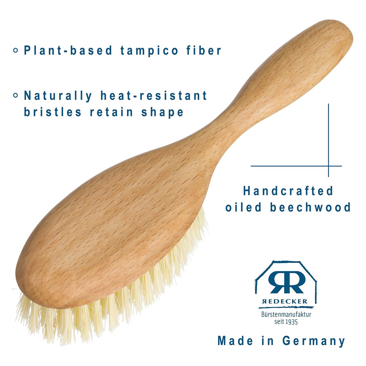 Redecker Tampico Fiber Hairbrush – Natural Bristle Vegan Hair Brush with Oiled Beechwood Handle, 8 Inches Avelisse