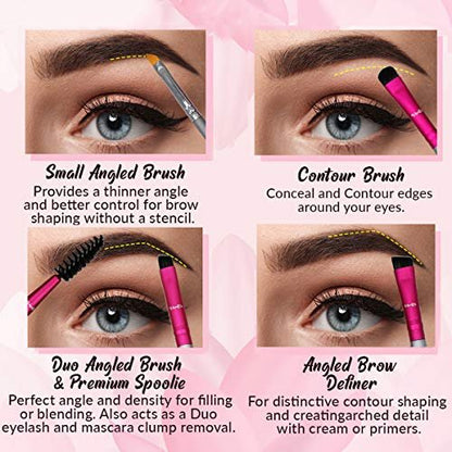 Vertex Eyebrow Brush Kit – Thin Angled Eye Brow Concealer & Contour Brush with Spoolie – 4 Piece Set for Filling, Shaping, and Defining Arches