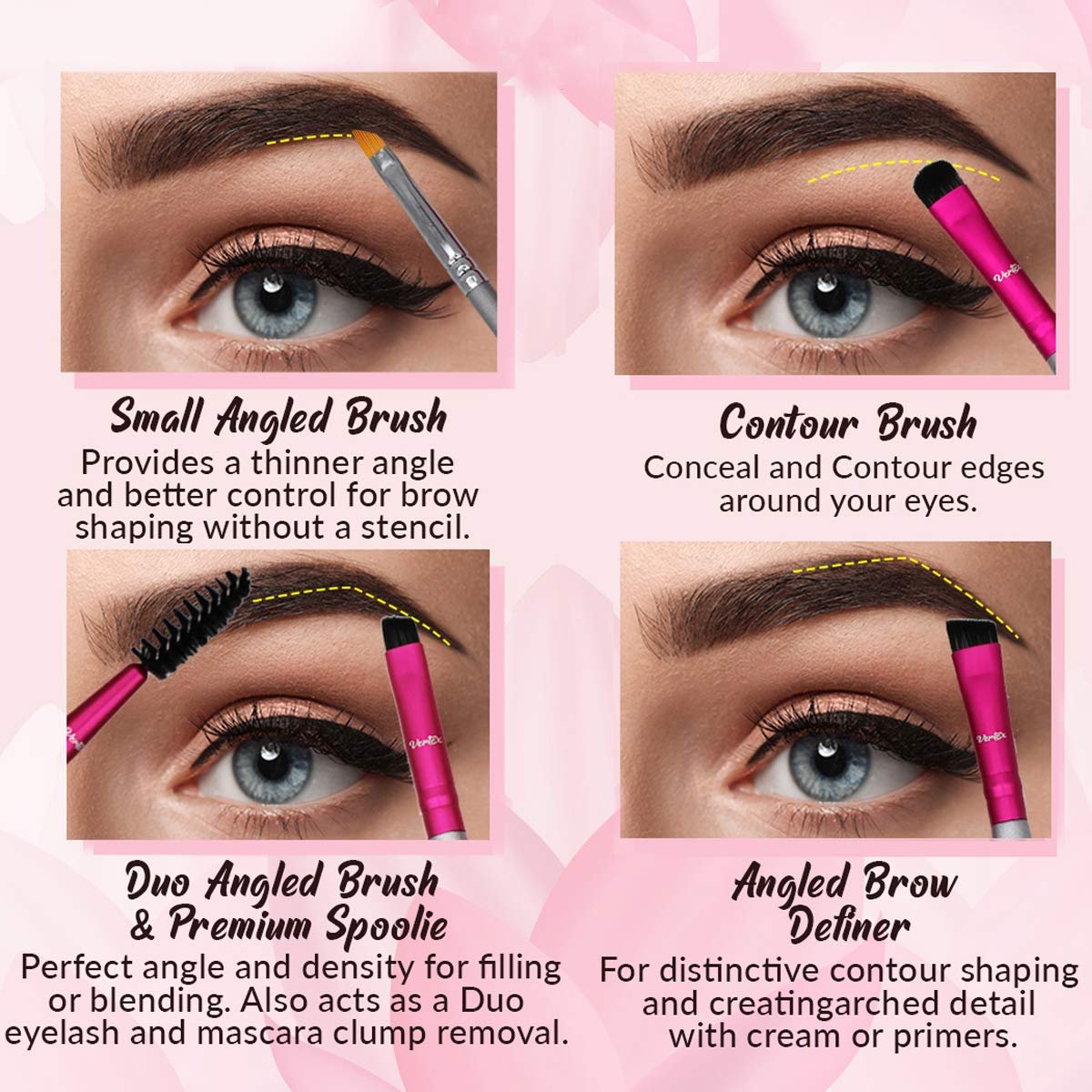 Vertex Eyebrow Brush Kit – Thin Angled Eye Brow Concealer & Contour Brush with Spoolie – 4 Piece Set for Filling, Shaping, and Defining Arches - görsel 5
