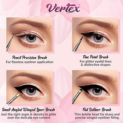 Vertex Fine Angled Eyeliner Brush Set - 4 Pack Precision Liquid & Gel Liner Applicator for Winged Cat Eye Looks