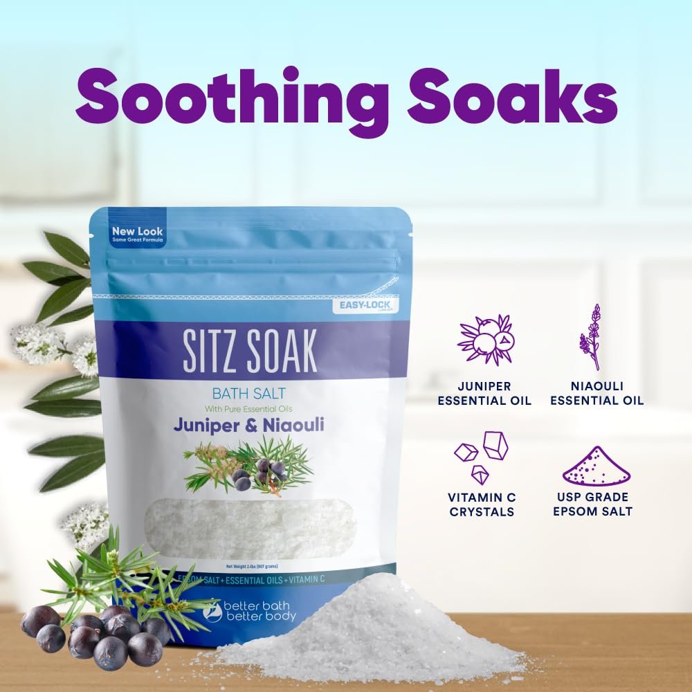 Sitz Bath Soak 2-Lbs Epsom Salt with Essential Oils - Hemorrhoid Soothing Bath Salts in BPA Free Pouch (32 oz) Avelisse