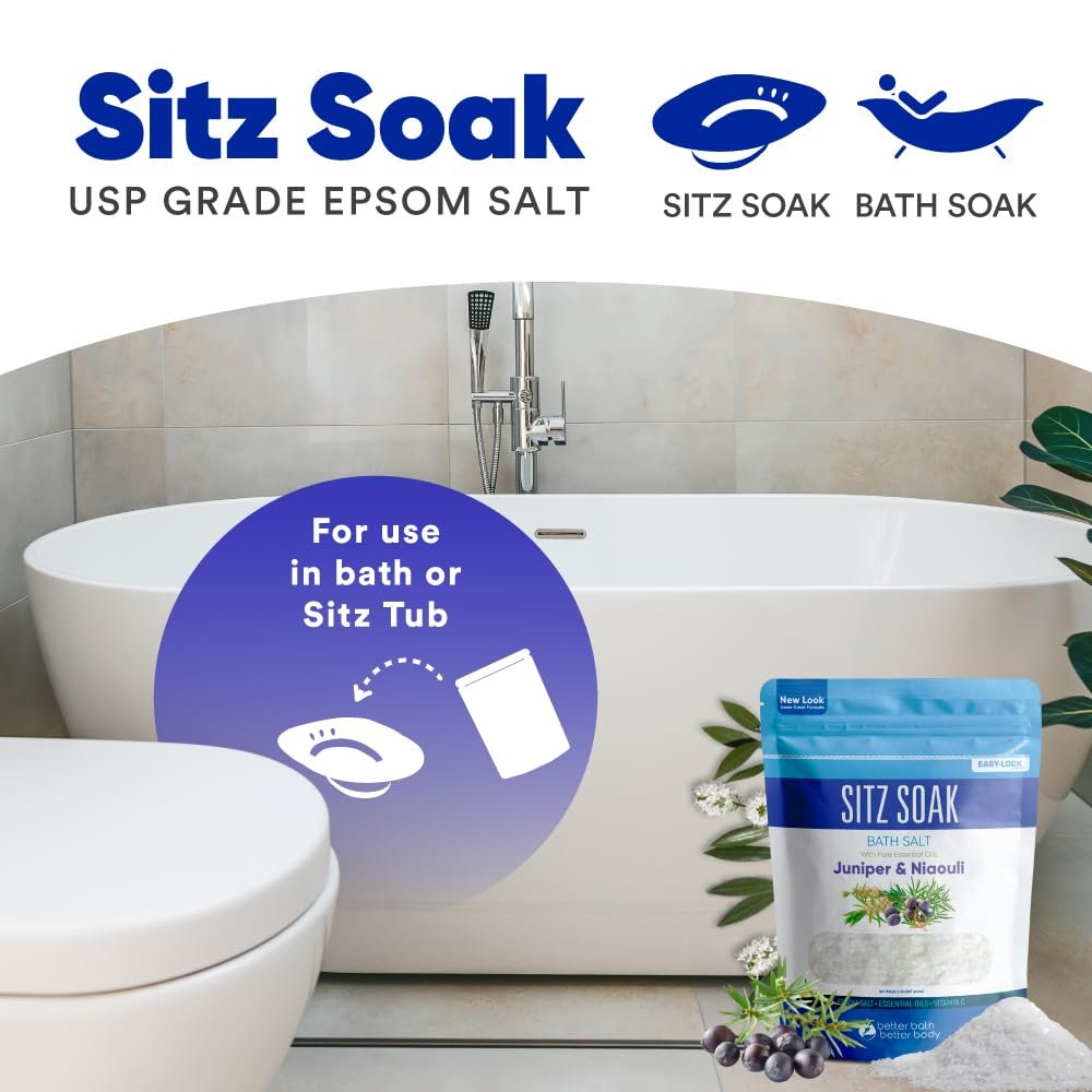 Sitz Bath Soak 2-Lbs Epsom Salt with Essential Oils - Hemorrhoid Soothing Bath Salts in BPA Free Pouch (32 oz) Avelisse